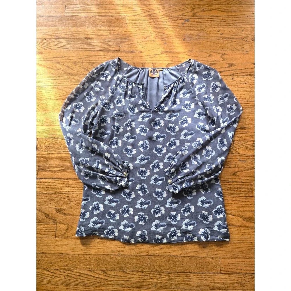 Tory Burch Womens 100% Silk Floral Semi Sheer Long Sleeve Blouse Size 6